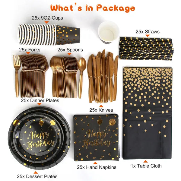 201 PCS Black & Gold Birthday Party Dinnerware Set — Serves 25 Guests
