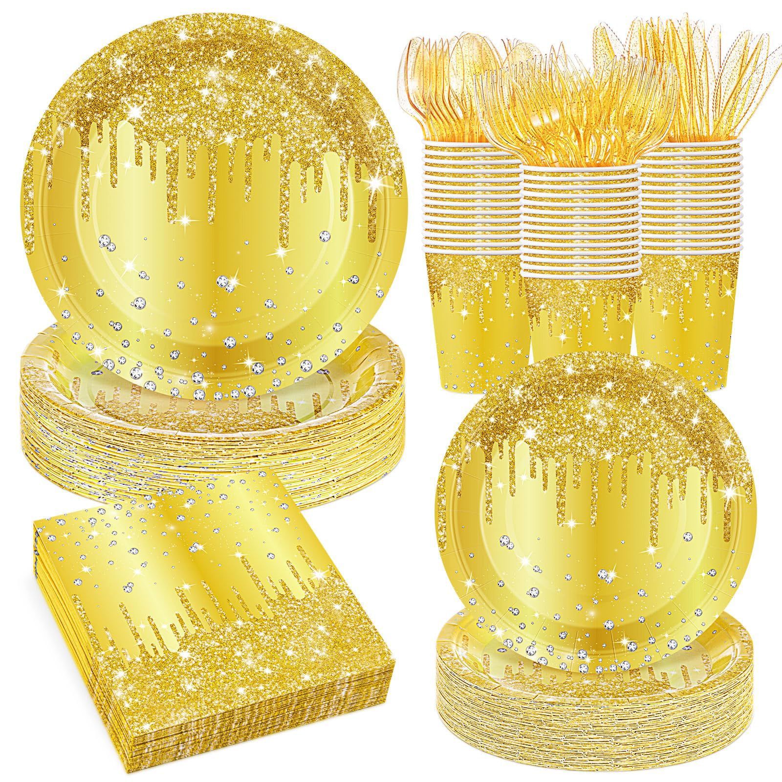 Glittery Disposable Tableware Set for 25 | Wedding & Party Paper Plates & Cups