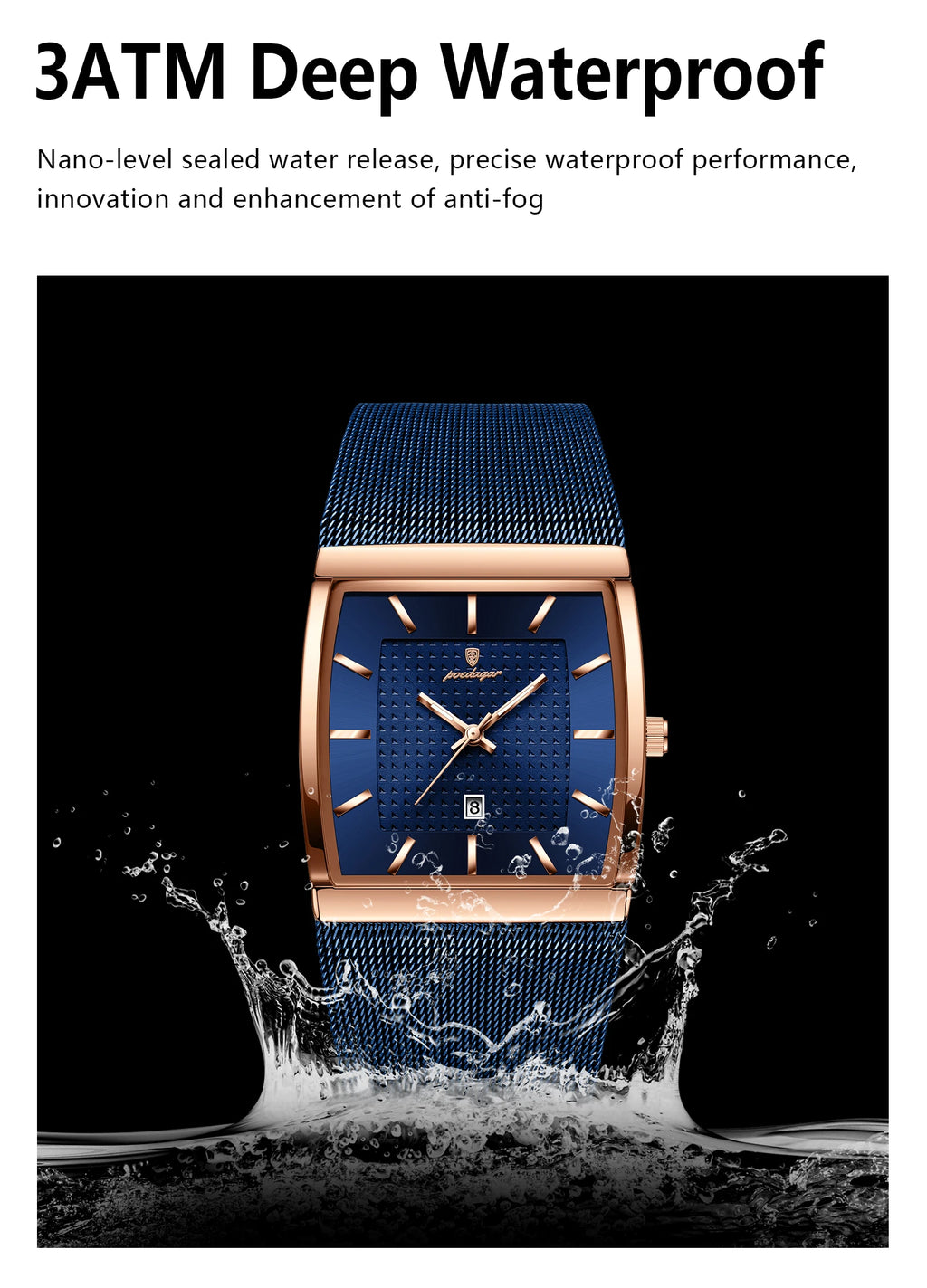POEDAGAR Men's Rectangle Quartz Watch