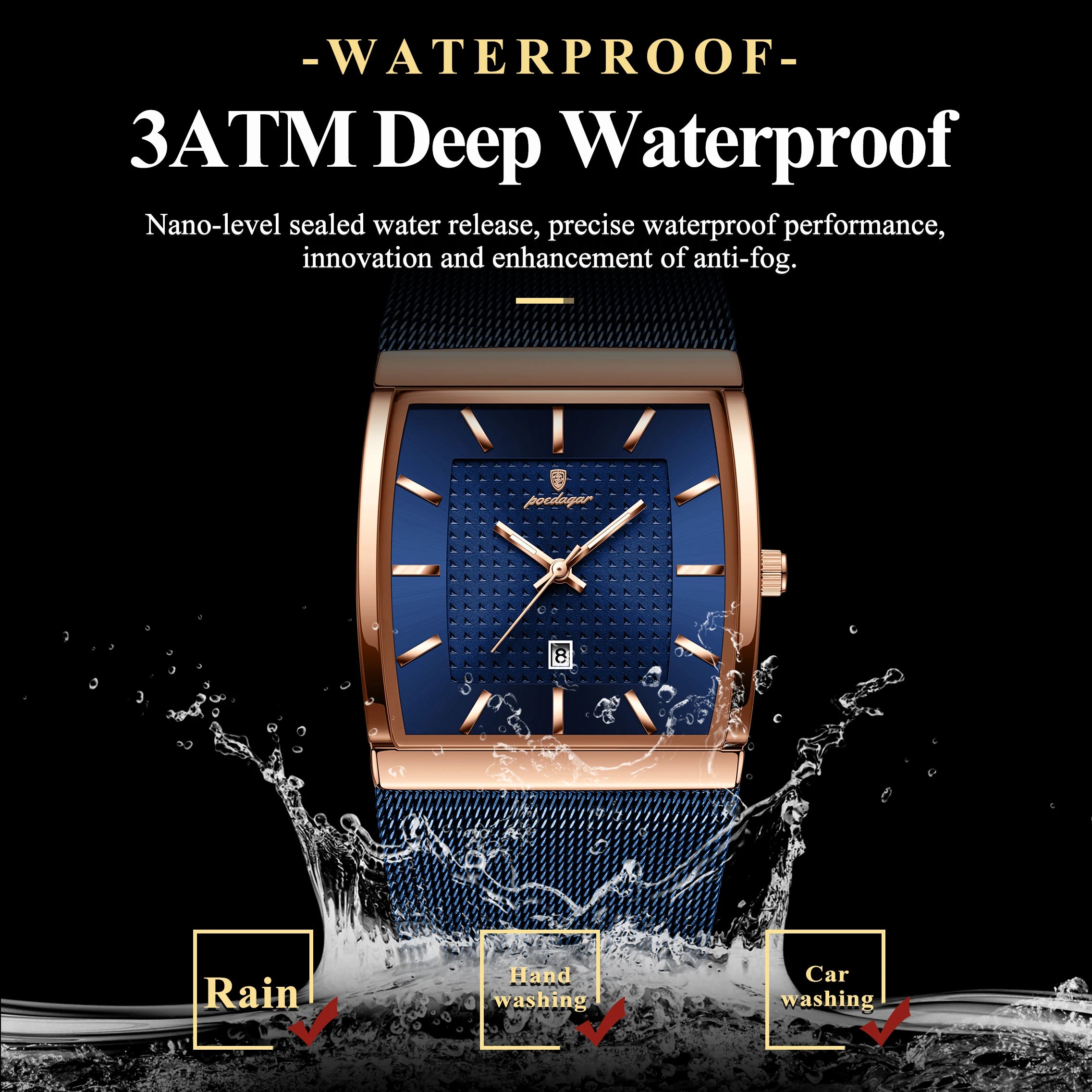POEDAGAR Men's Rectangle Quartz Watch