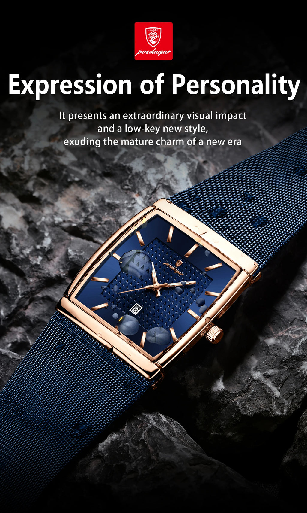 POEDAGAR Men's Rectangle Quartz Watch