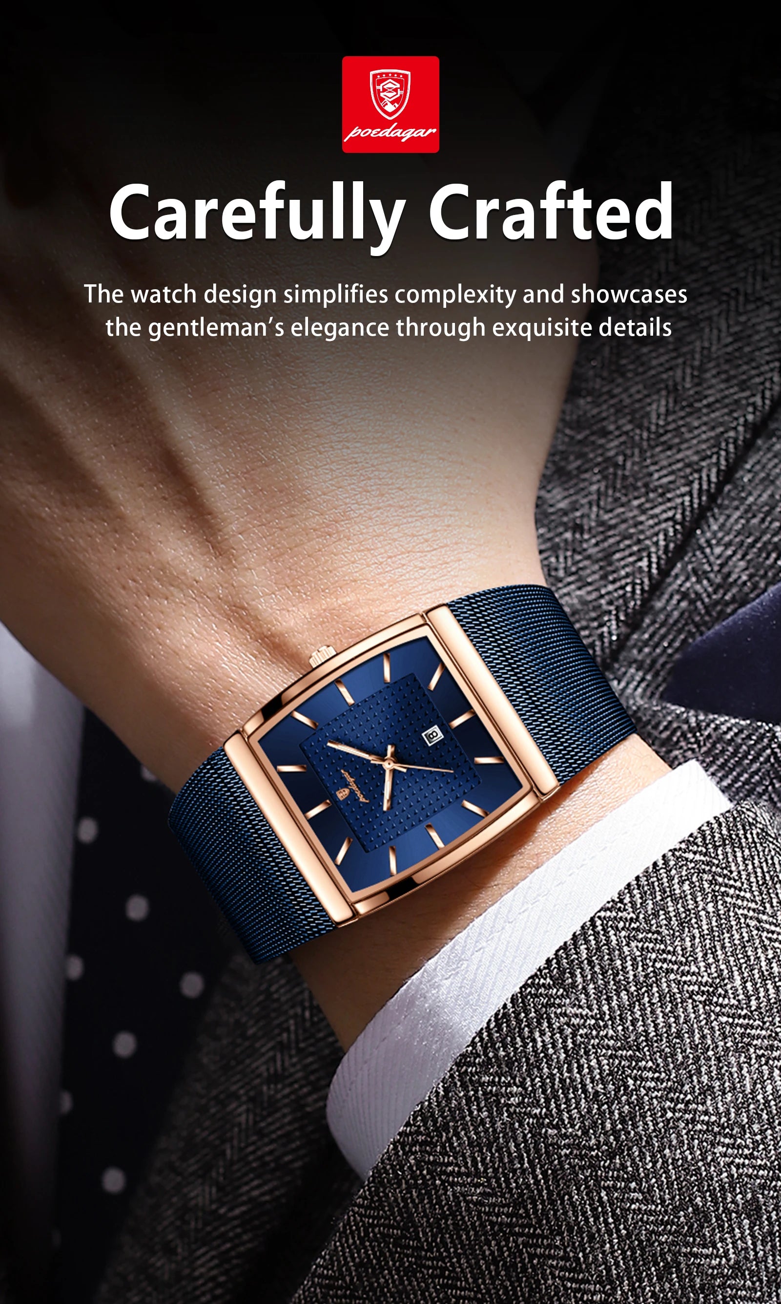 POEDAGAR Men's Rectangle Quartz Watch
