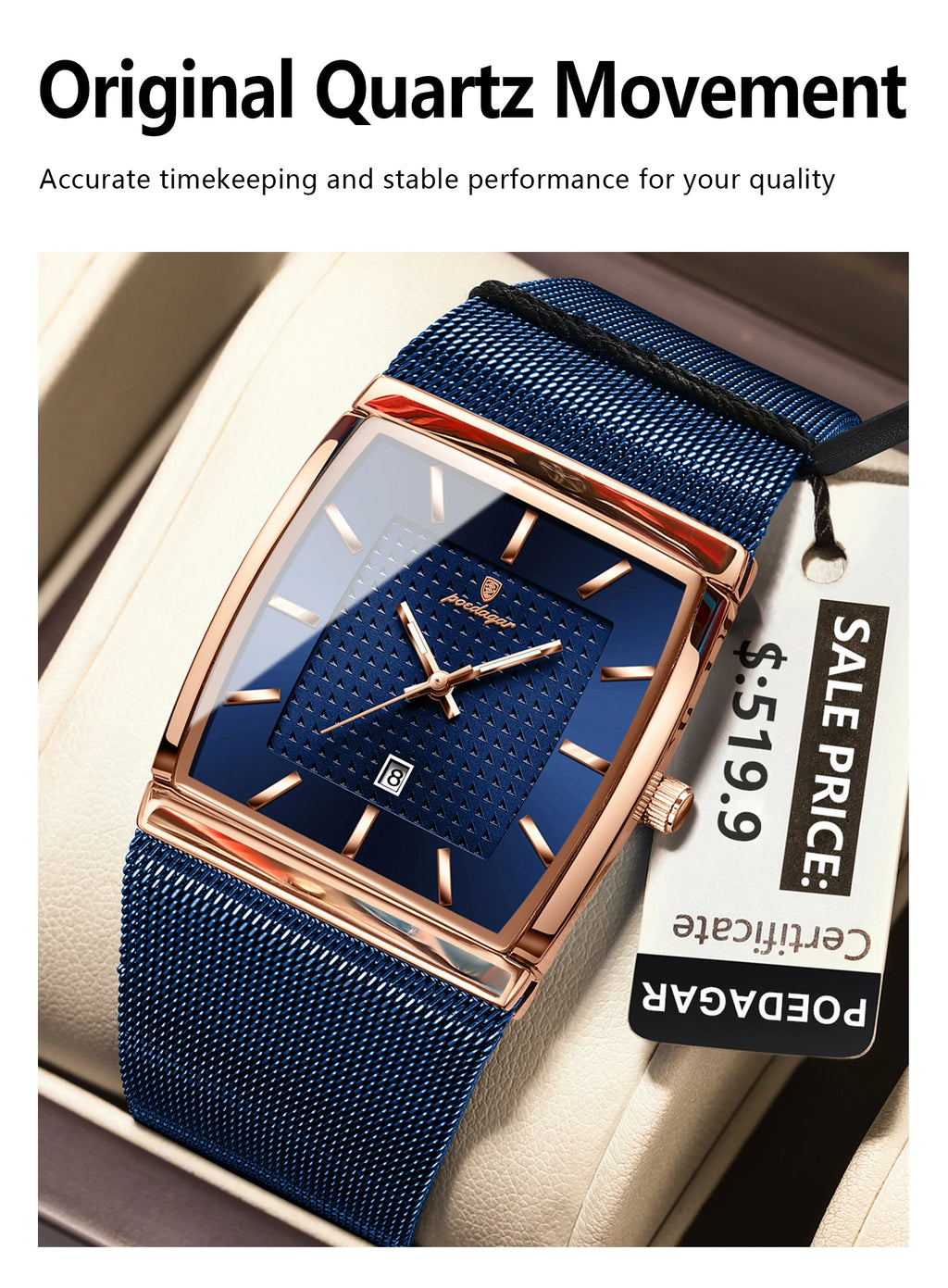 POEDAGAR Men's Rectangle Quartz Watch