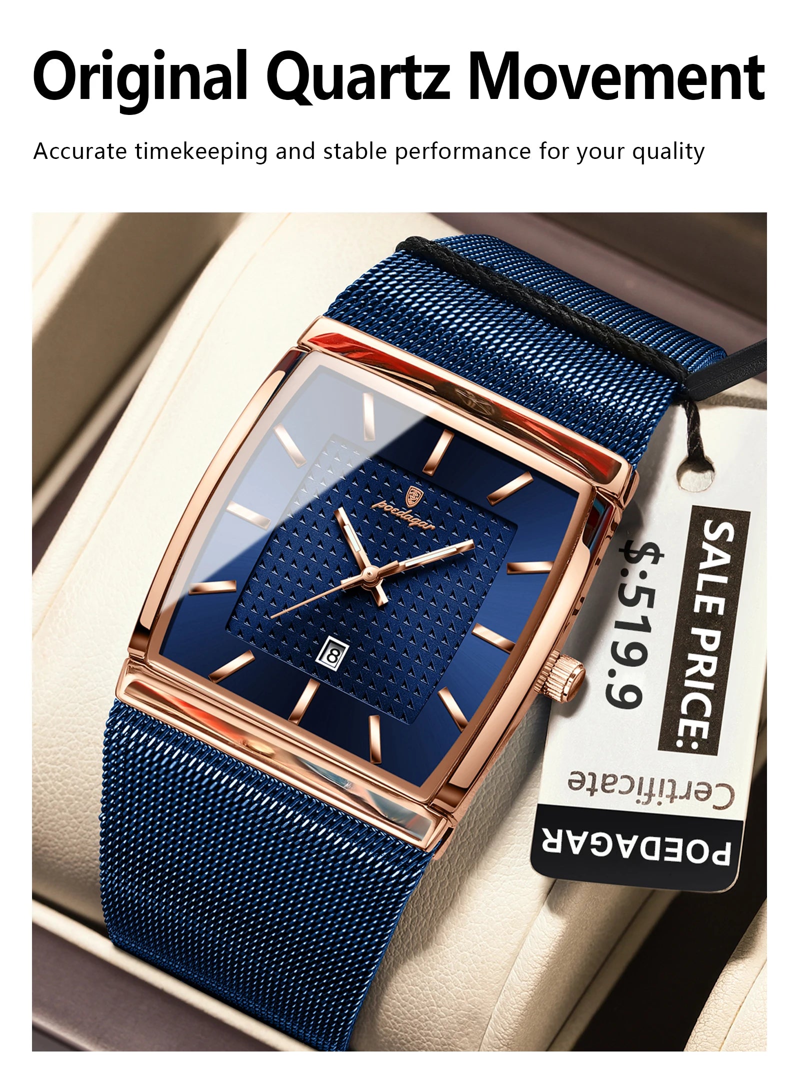 POEDAGAR Men's Rectangle Quartz Watch