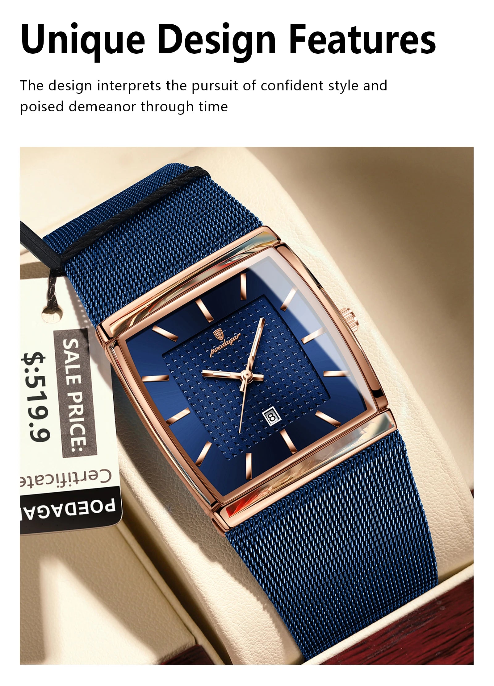 POEDAGAR Men's Rectangle Quartz Watch