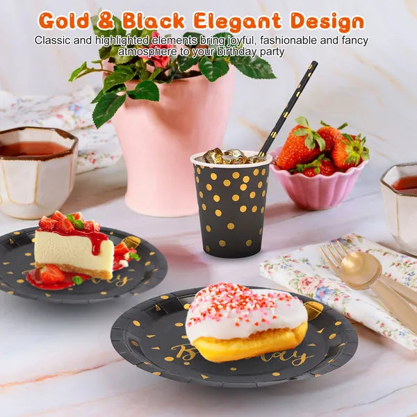 201 PCS Black & Gold Birthday Party Dinnerware Set — Serves 25 Guests